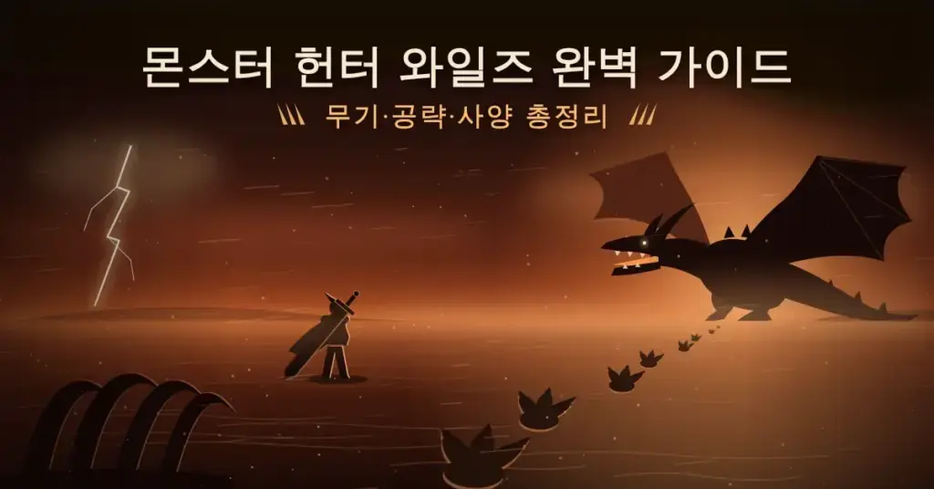 모래폭풍이 몰아치는 사막에서 대검을 멘 헌터가 거대한 비룡을 향해 이어진 세 갈래 발톱 자국을 따라가는 장면 위에 "몬스터 헌터 와일즈 완벽 가이드"와 "무기·공략·사양 총정리"가 적힌 일러스트입니다.