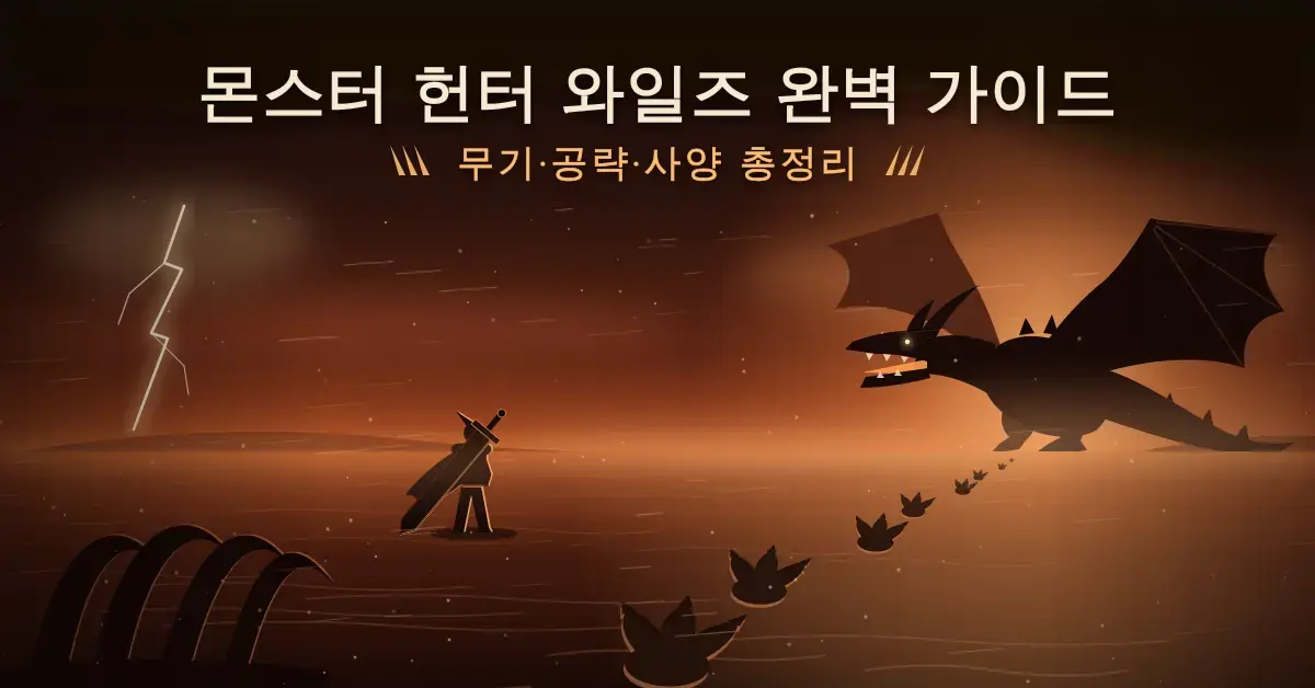 모래폭풍이 몰아치는 사막에서 대검을 멘 헌터가 거대한 비룡을 향해 이어진 세 갈래 발톱 자국을 따라가는 장면 위에 "몬스터 헌터 와일즈 완벽 가이드"와 "무기·공략·사양 총정리"가 적힌 일러스트입니다.