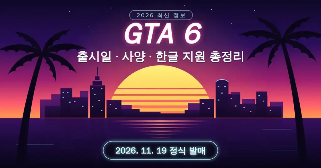 야자수와 네온 스카이라인 너머로 해가 지는 바이스 시티풍 해변 위에 GTA 6 출시일·사양·한글 지원 총정리 제목과 2026년 11월 19일 정식 발매일이 표시된 이미지